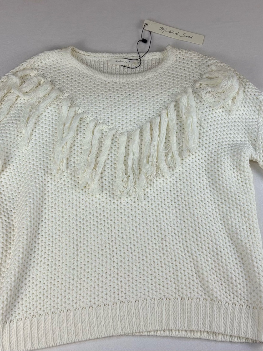 Mustard Seed Cream Fringe Crewneck Sweater